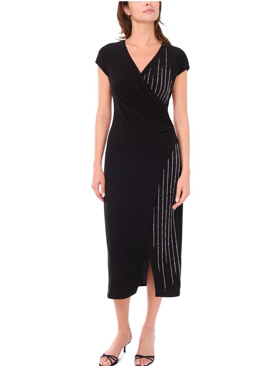 MSK Dresses & Skirts - NEW MSK Macy's Short Sleeve Surplice and Beaded Front Midi Dress Black Size XL